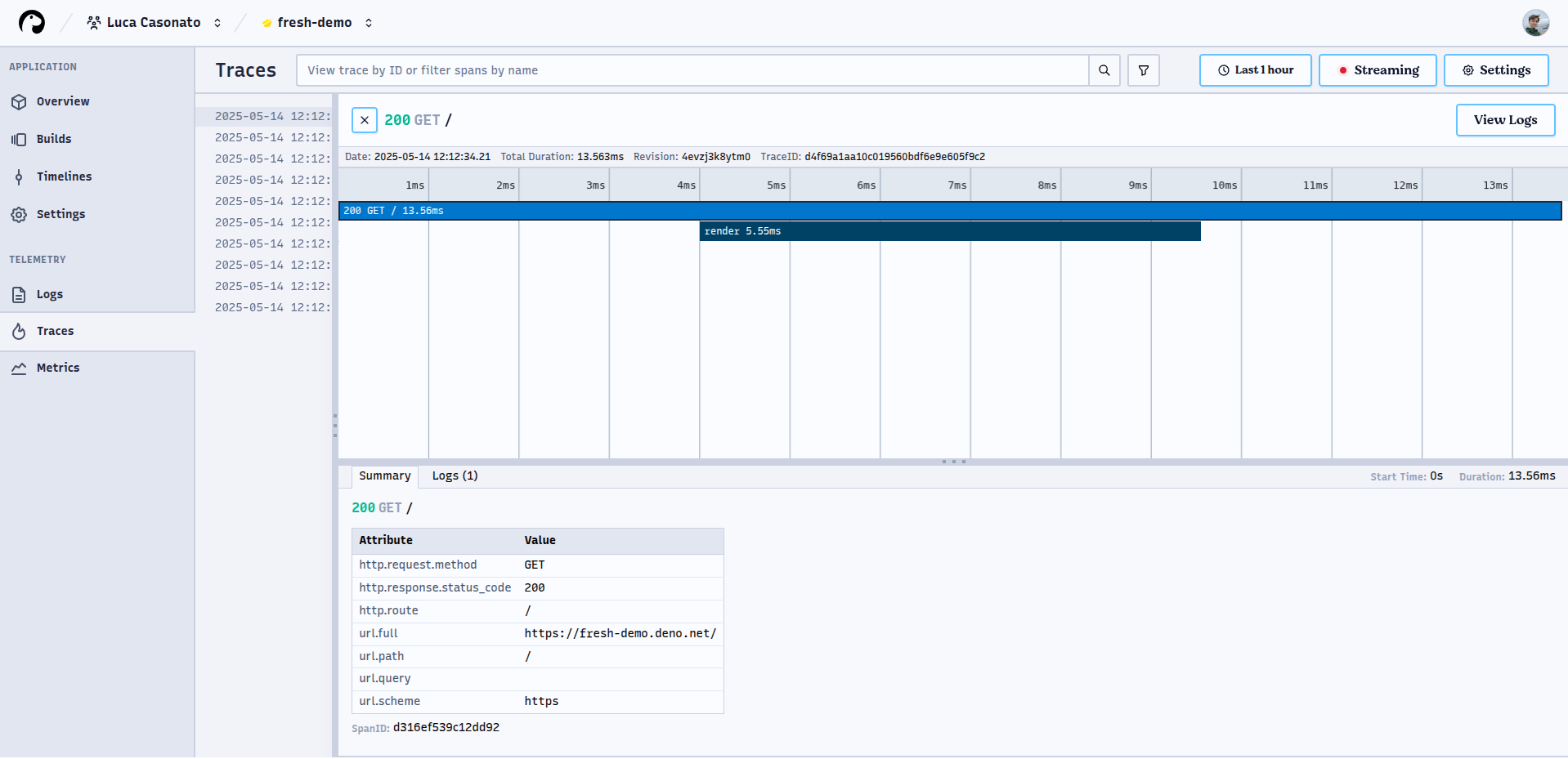 Screenshot of the Trace view