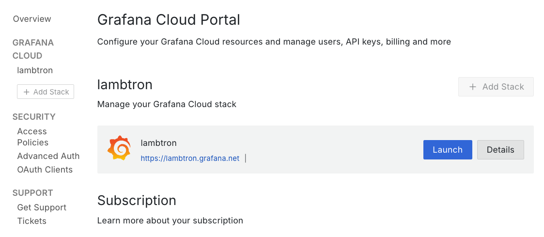 Click details on your Grafana Cloud stack