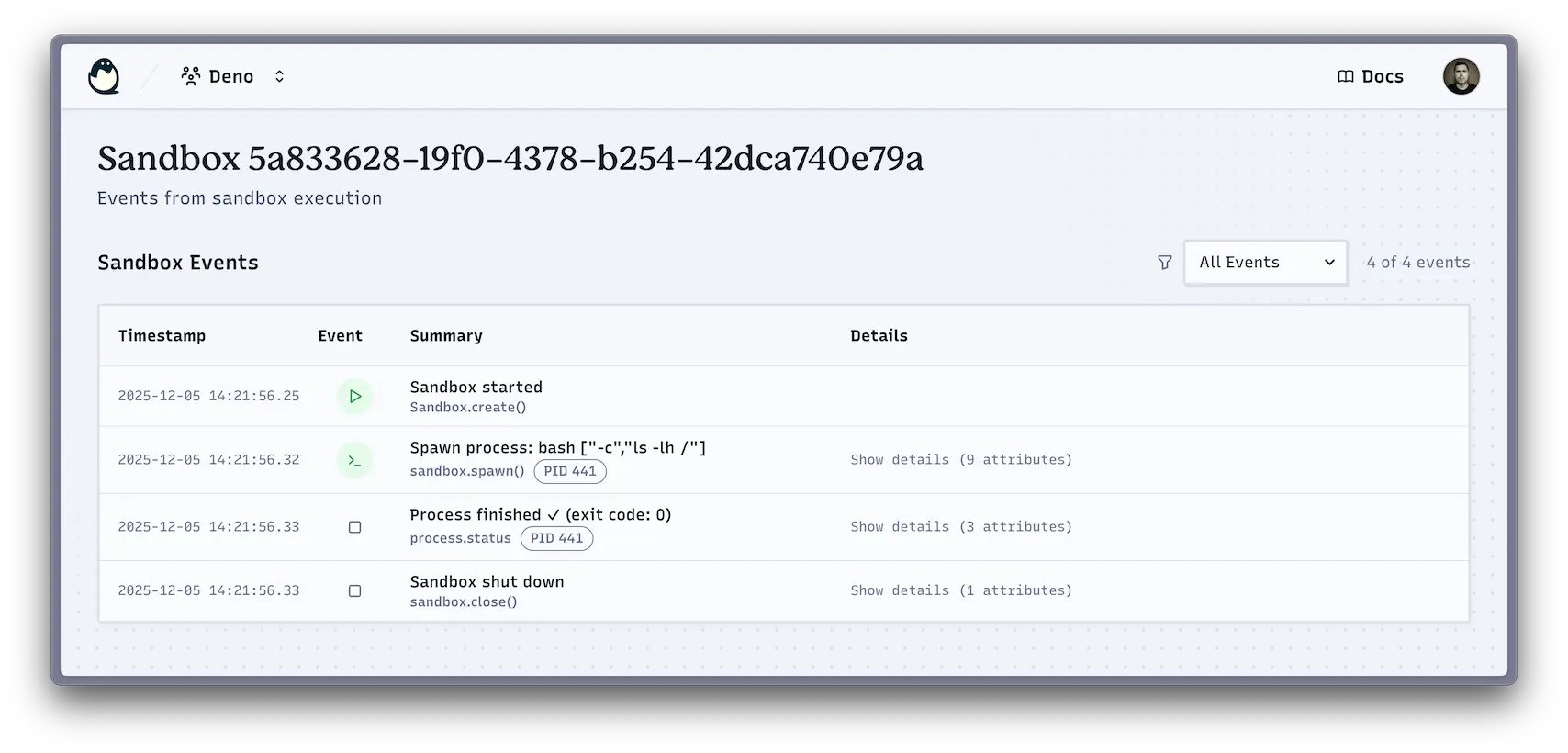 The sandbox event log details in the Deno Deploy console.