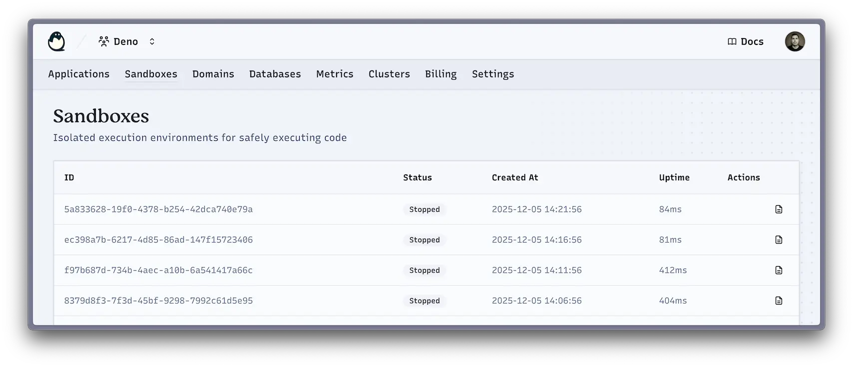 The list of sandboxes created in the Deno Deploy console.